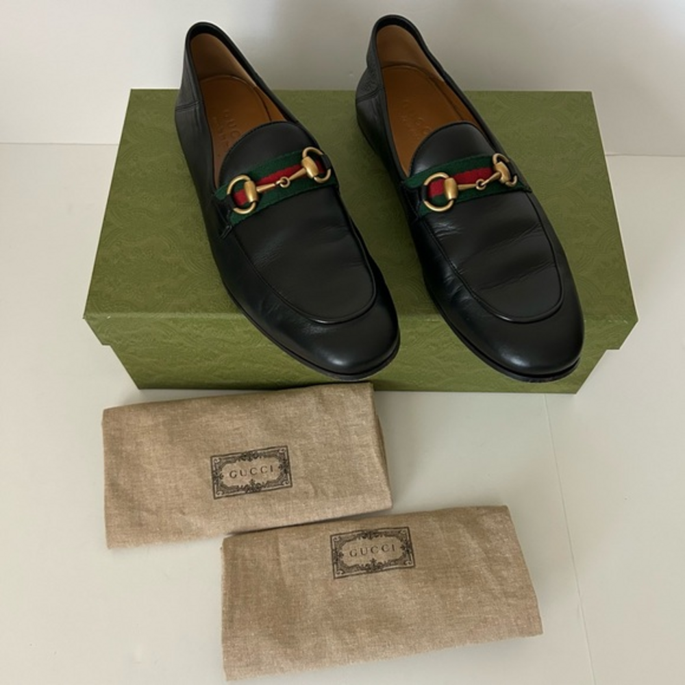 Gucci Black Leather Jordaan Web Trimmed Horsebit  Collapsible Heel Loafer IT 6.5 - Picture 2 of 10